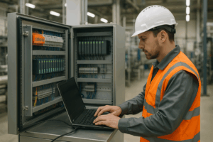 Automaticien réalisant un dépannage sur l’automate d’une ligne industrielle.