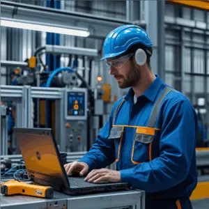 Automaticien faisant une intervention sur une machine industrielle.
