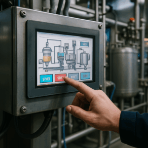 Opérateur qui sélectionne une fonction sur l'HMI tactile