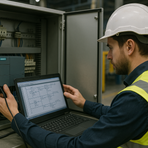 Automaticien se connectant à un automate pour accéder au programme.
