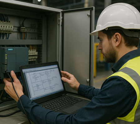 Automaticien se connectant à un automate pour accéder au programme.