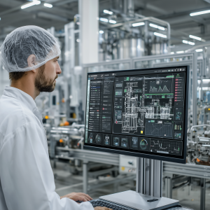 Un opérateur contrôlant la supervision de l'usine.
