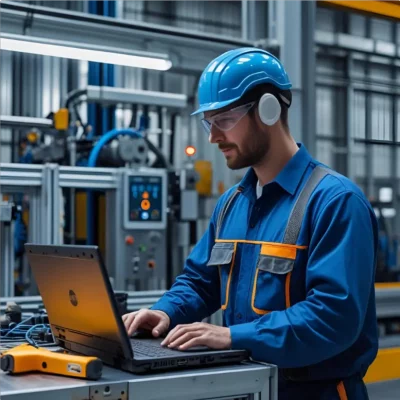 Automaticien faisant une intervention sur une machine industrielle.
